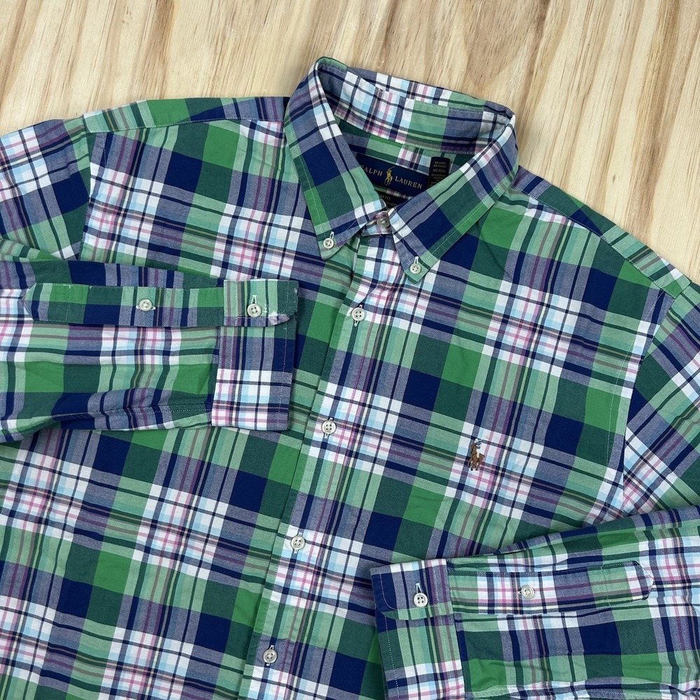 Polo Ralph Lauren XL Stretch Oxford Plaid Slim Fit Pony Colorful Blue Green Prep